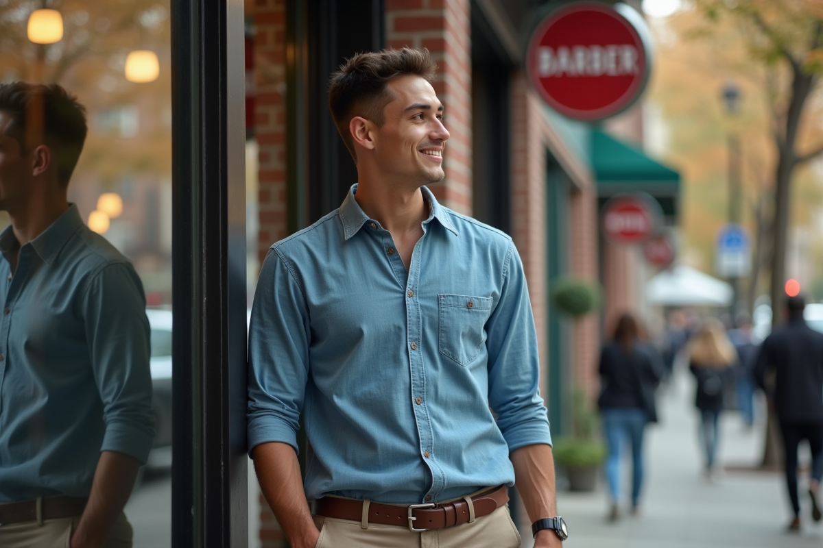 Jeune homme examine sa coupe en rue