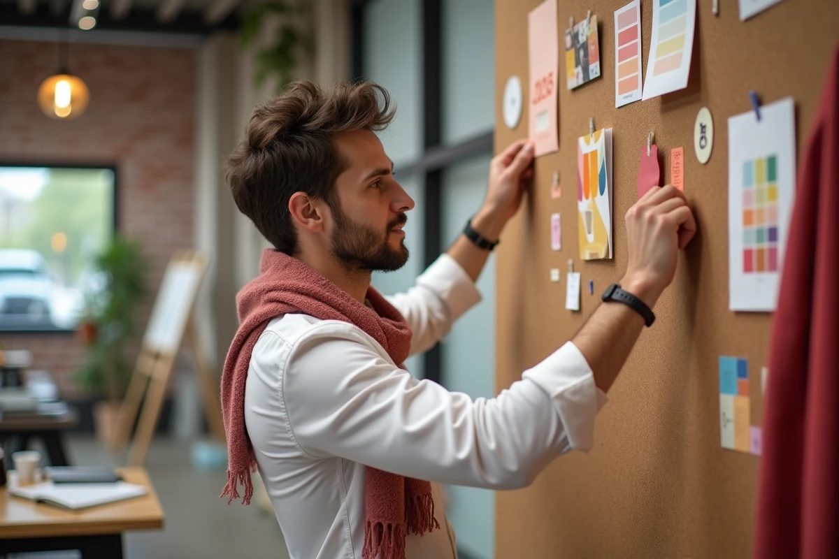 Jeune homme pinçant un moodboard dans un studio créatif