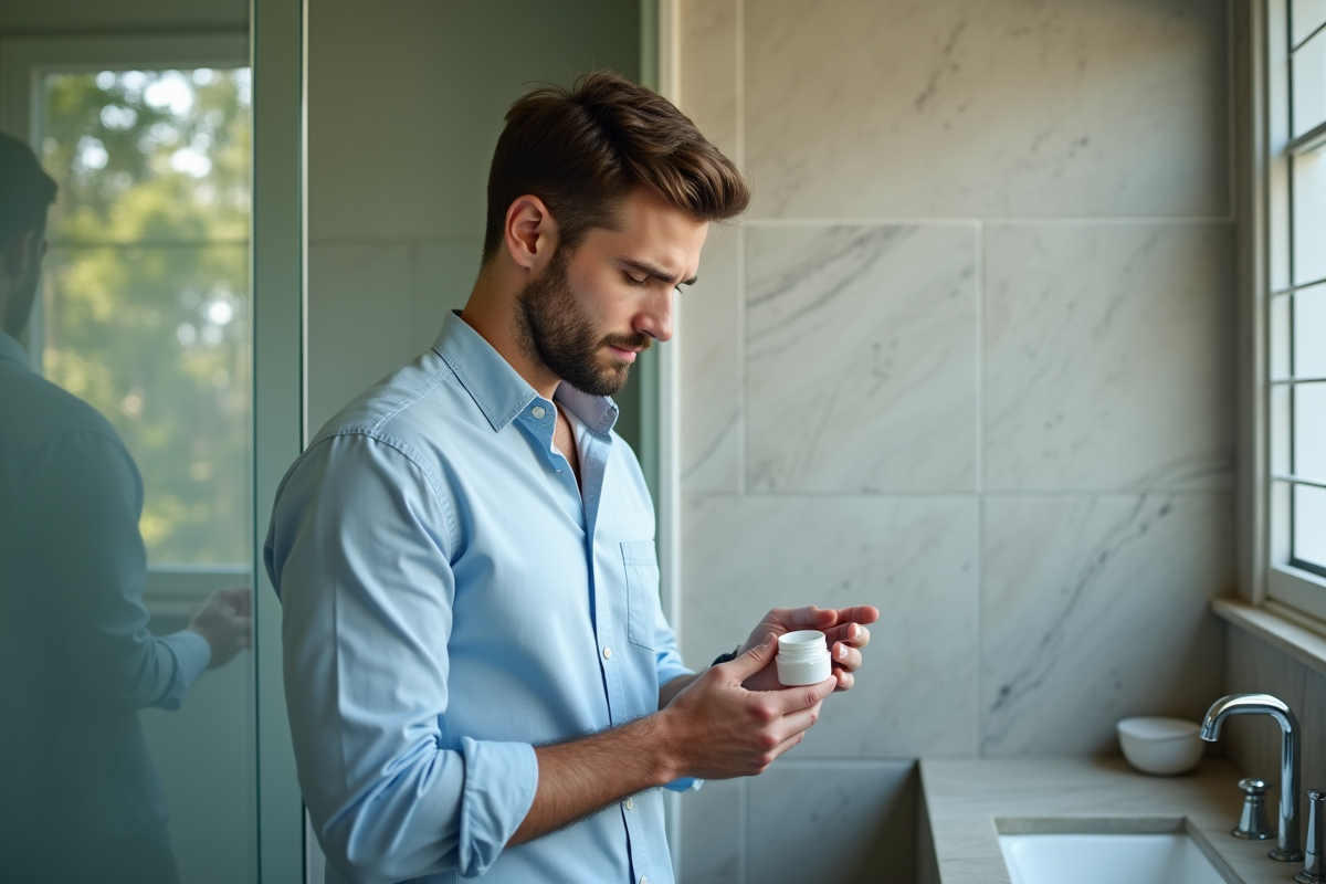 Jeune homme examinant une creme dans la salle de bain