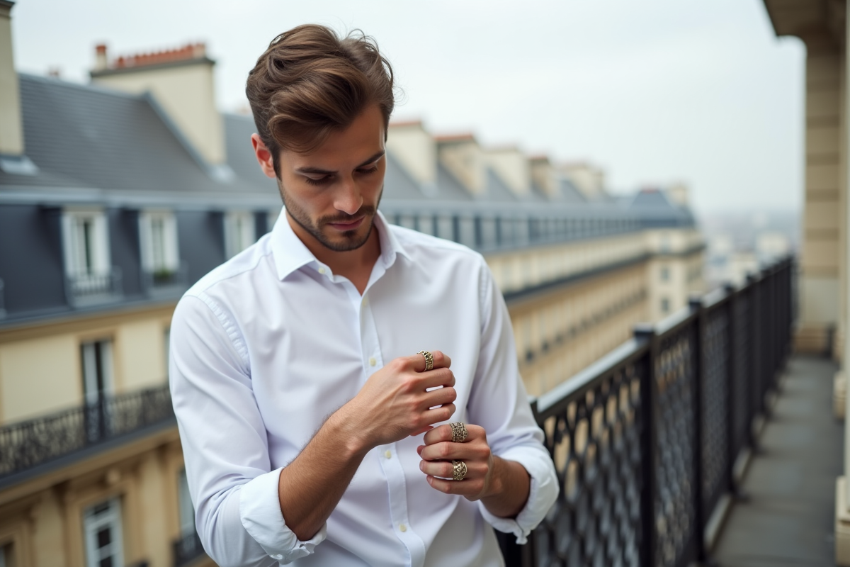 Jeune homme portant des bagues sur un balcon parisien
