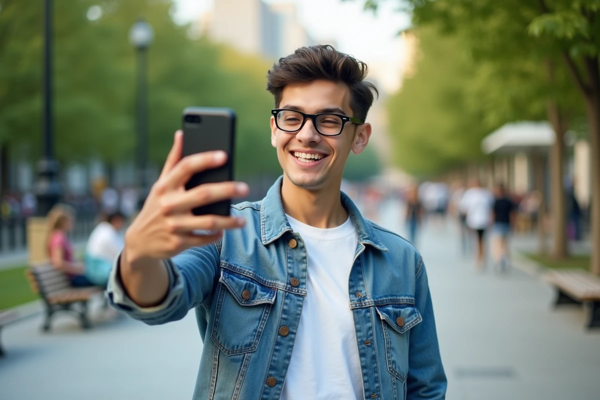 Jeune homme prenant un selfie avec des filtres de lunettes