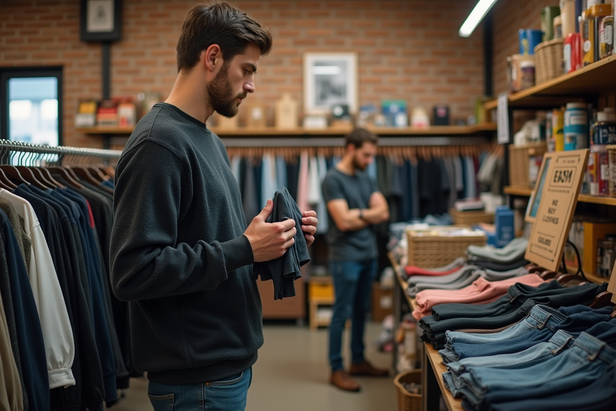 Jeune homme examinant un vêtement dans une friperie belge