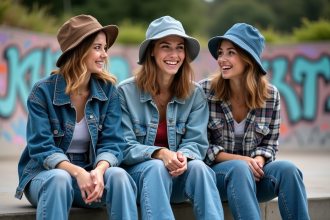 Trois jeunes adultes en mode 90s sur un skatepark urbain