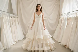 Jeune mariée portant une robe de mariée volumineuse avec jupon en tulle visible dans une boutique de mariage