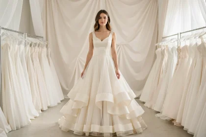 Jeune mariée portant une robe de mariée volumineuse avec jupon en tulle visible dans une boutique de mariage