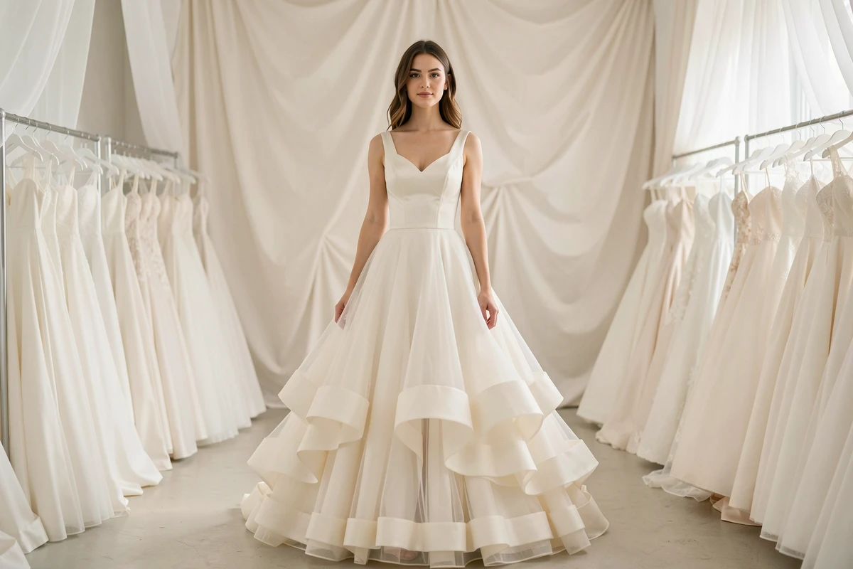 Jeune mariée portant une robe de mariée volumineuse avec jupon en tulle visible dans une boutique de mariage
