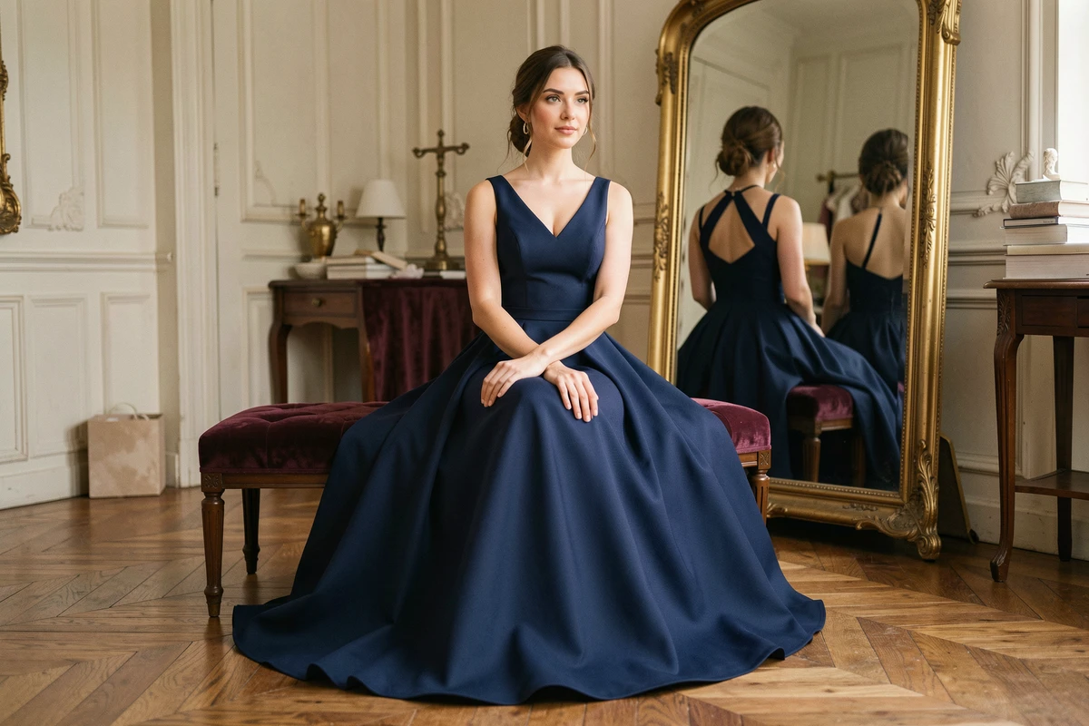 Femme en robe de soirée bleue avec jupon crinoline dans un atelier de couture parisien