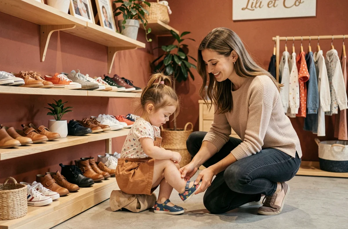 Vendeuse aidant une petite fille à essayer des chaussures dans la boutique Lili et Co et Lili Shoes à Metz, avec des chaussures enfants exposées sur des étagères en bois