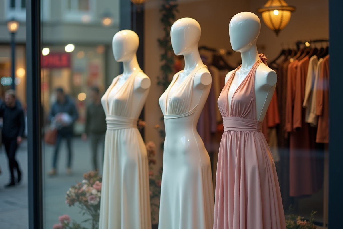 Mannequins habillés dans une vitrine de boutique en ville