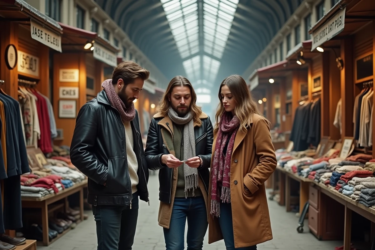 Groupe d'amis explorant un marché couvert de friperies parisiennes, inspectant des vestes en cuir et des foulards vintage dans une halle authentique