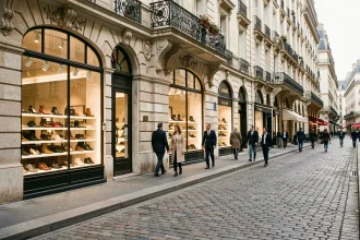Rue parisienne animée bordée de boutiques de chaussures élégantes avec des vitrines raffinées et des passants bien habillés