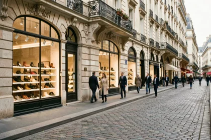 Rue parisienne animée bordée de boutiques de chaussures élégantes avec des vitrines raffinées et des passants bien habillés