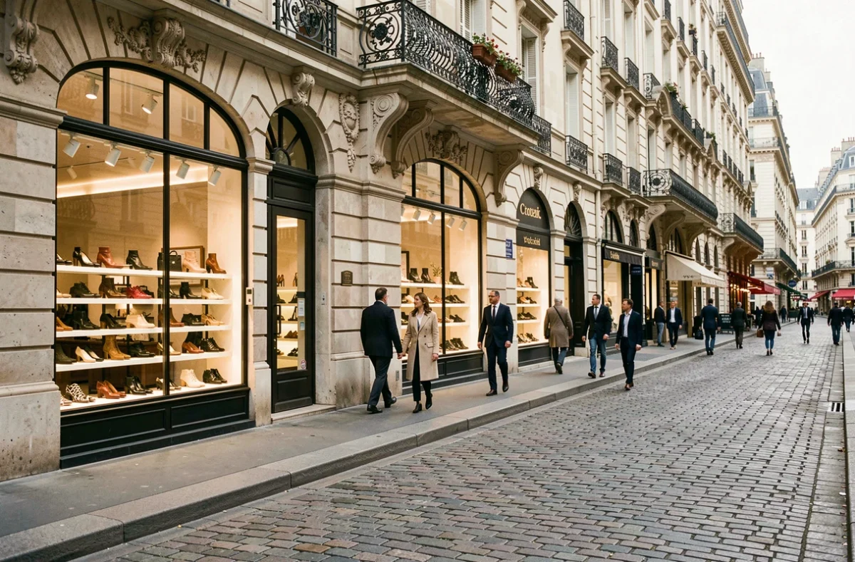 Rue parisienne animée bordée de boutiques de chaussures élégantes avec des vitrines raffinées et des passants bien habillés