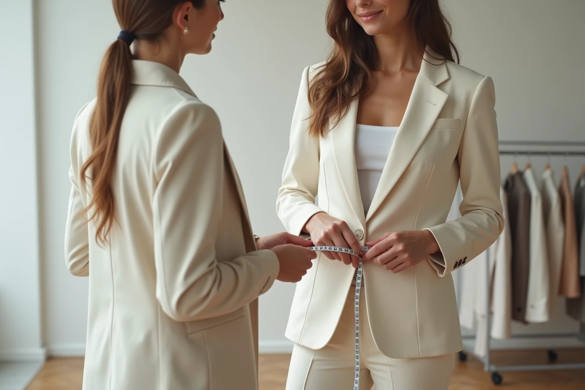 Styliste prenant les mesures d'une mannequin femme dans un studio de prêt-à-porter professionnel