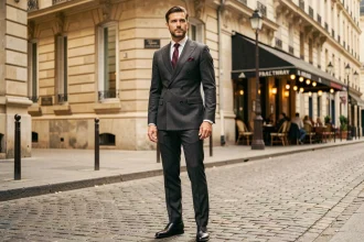 Homme en costume double boutonnage années 30 dans une rue pavée parisienne, style mode vintage masculin 2026