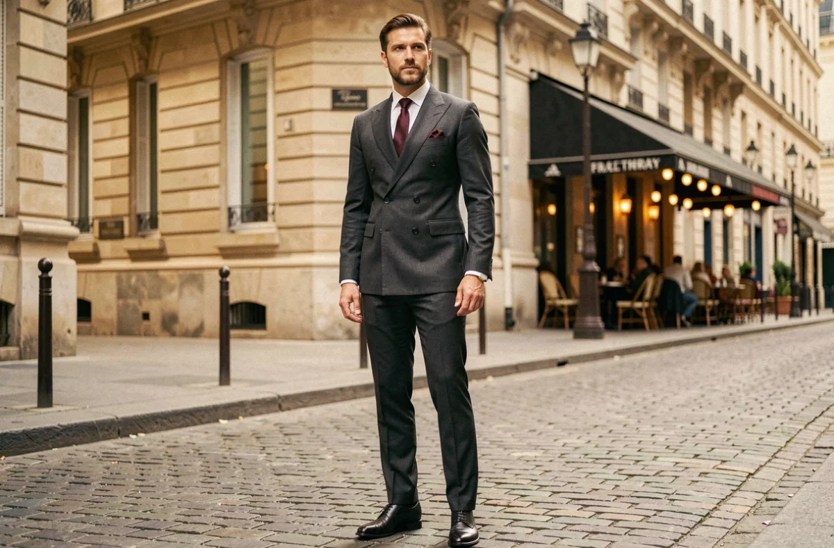 Homme en costume double boutonnage années 30 dans une rue pavée parisienne, style mode vintage masculin 2026
