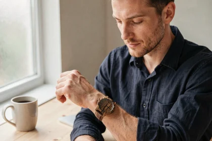 Homme en chemise marine regardant sa montre en bois zebrawood au poignet dans un bureau scandinave minimaliste