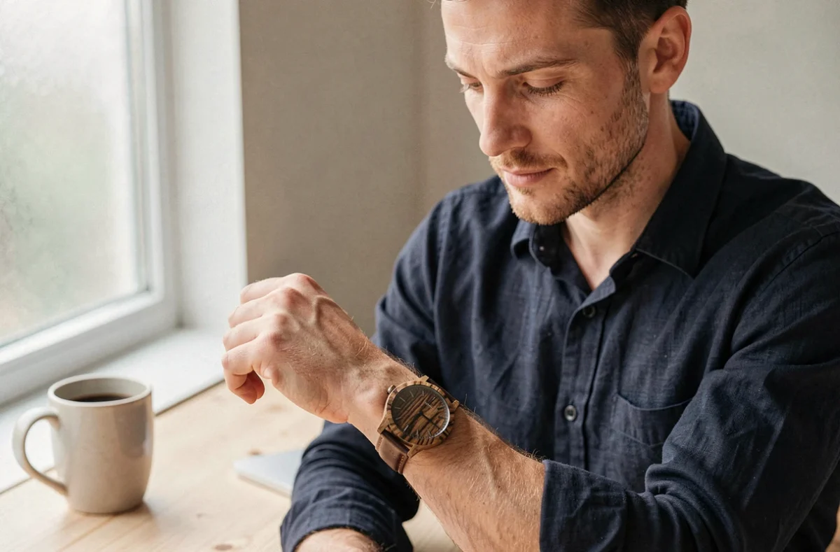 Homme en chemise marine regardant sa montre en bois zebrawood au poignet dans un bureau scandinave minimaliste