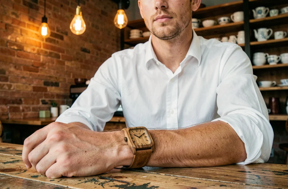 Jeune homme en chemise blanche présentant sa montre en bambou sur une table en bois dans un café urbain tendance