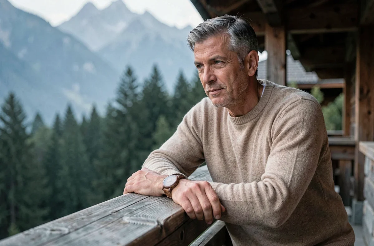 Homme aux cheveux poivre et sel portant une montre en bois de noyer accoudé à la rambarde d'un chalet de montagne