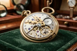 Mouvement mécanique tourbillon d'une montre de collection rare exposé sur velours vert dans un atelier horloger