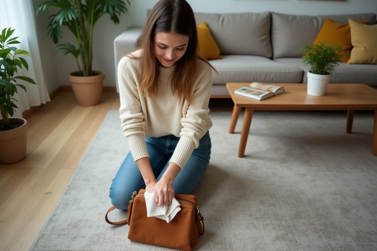 Jeune femme nettoyant un sac en daim dans son salon