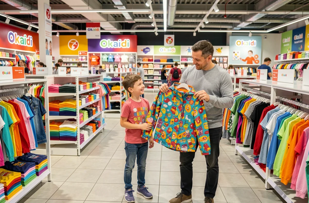 Père et fils dans la boutique Okaïdi à Strasbourg, examinant une veste imprimée parmi des rayons de vêtements enfants colorés