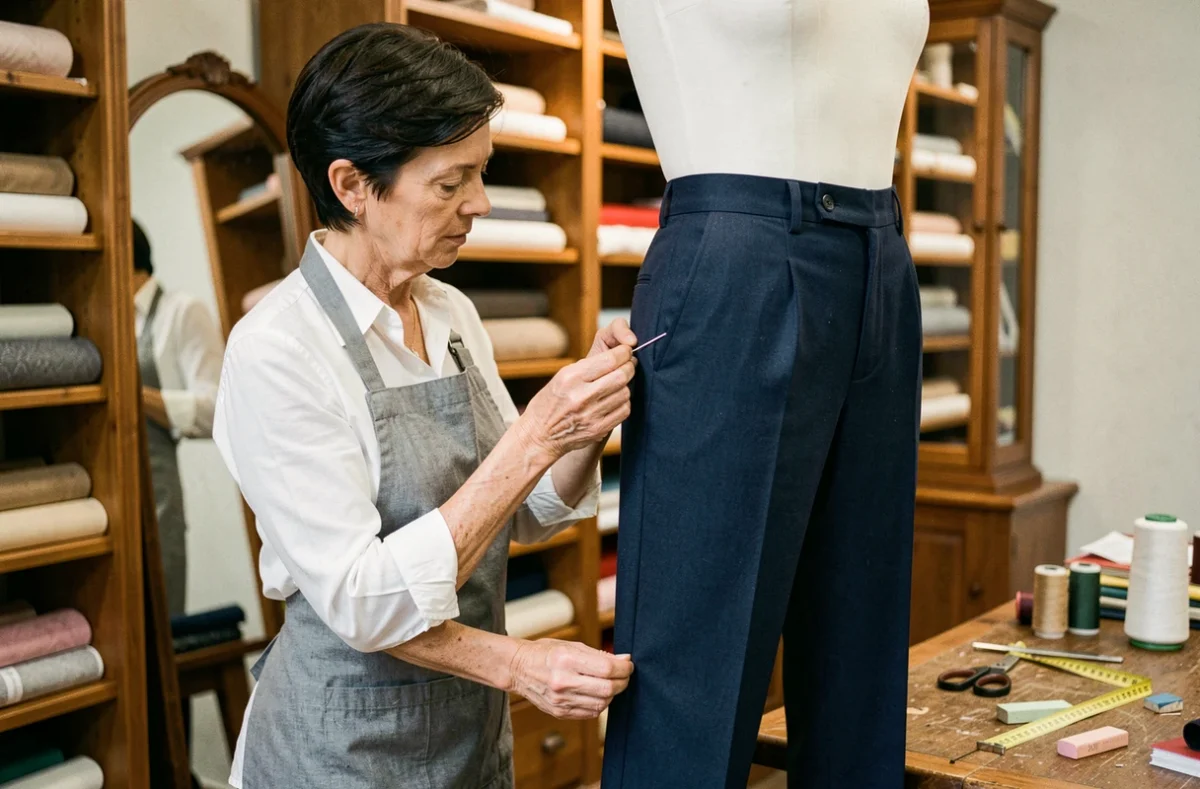 Tailleuse professionnelle épinglant l'ourlet d'un pantalon en laine bleu marine sur un mannequin dans un atelier de couture traditionnel