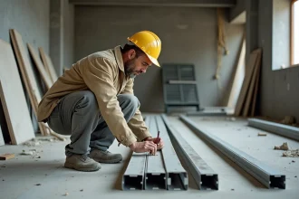 Ouvrier mesurant des montants métalliques 48/50 sur un chantier de construction intérieur