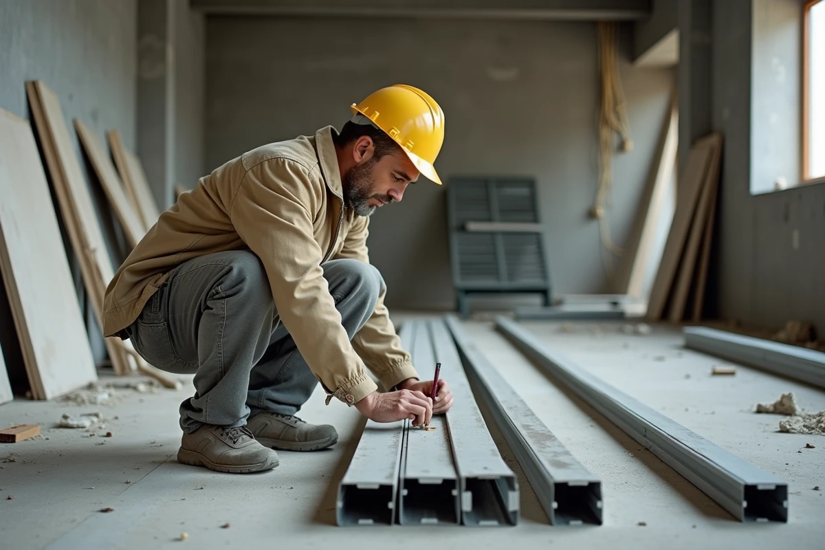 Ouvrier mesurant des montants métalliques 48/50 sur un chantier de construction intérieur