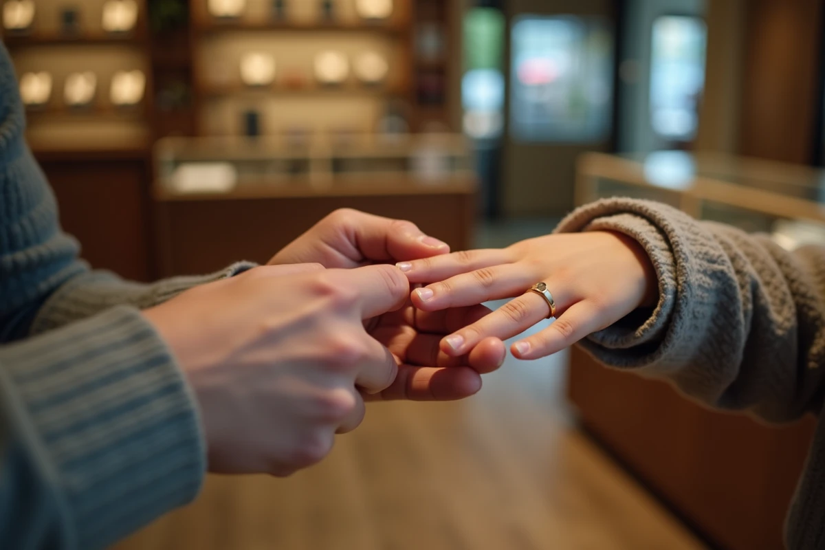 Parent enfilant une petite bague dorée au doigt d'un enfant dans une bijouterie pour vérifier la taille adaptée