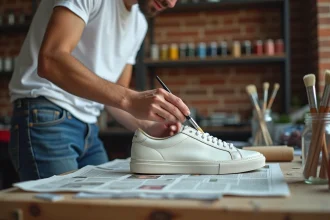 Jeune homme appliquant de la peinture pour sneakers sur une chaussure en cuir blanc avec un pinceau fin sur un établi en bois