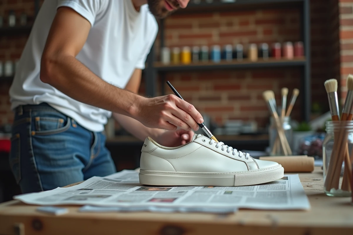 Jeune homme appliquant de la peinture pour sneakers sur une chaussure en cuir blanc avec un pinceau fin sur un établi en bois