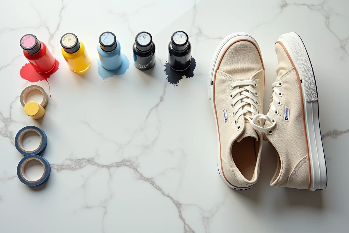 Vue aérienne de peintures pour sneakers abordables, pinceaux et accessoires disposés sur une surface en marbre blanc
