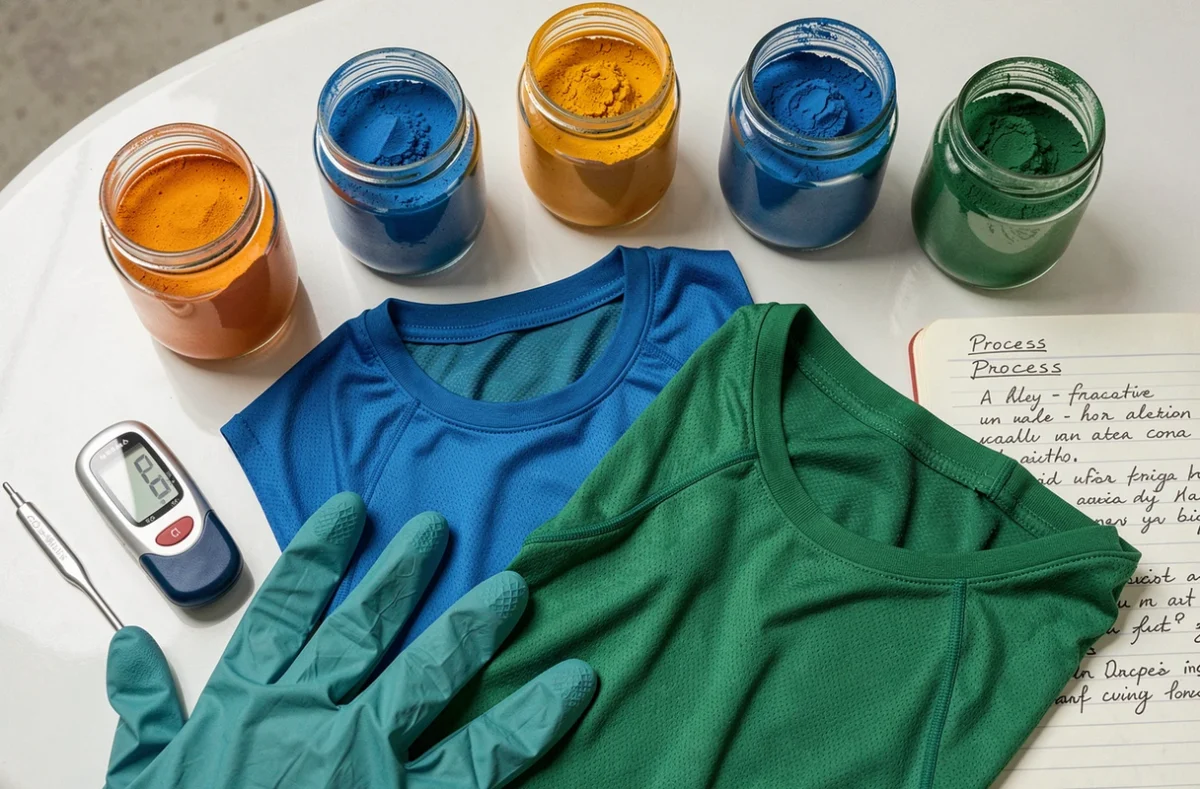 Vue aérienne de vêtements en polyester technique et produits de teinture textile arrangés sur une surface blanche