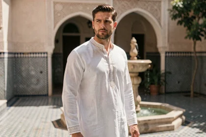 Homme portant un qamis blanc en lin avec broderies fines dans une cour marocaine traditionnelle pour le Ramadan 2026
