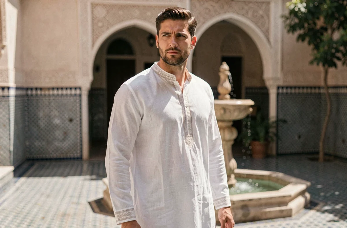 Homme portant un qamis blanc en lin avec broderies fines dans une cour marocaine traditionnelle pour le Ramadan 2026