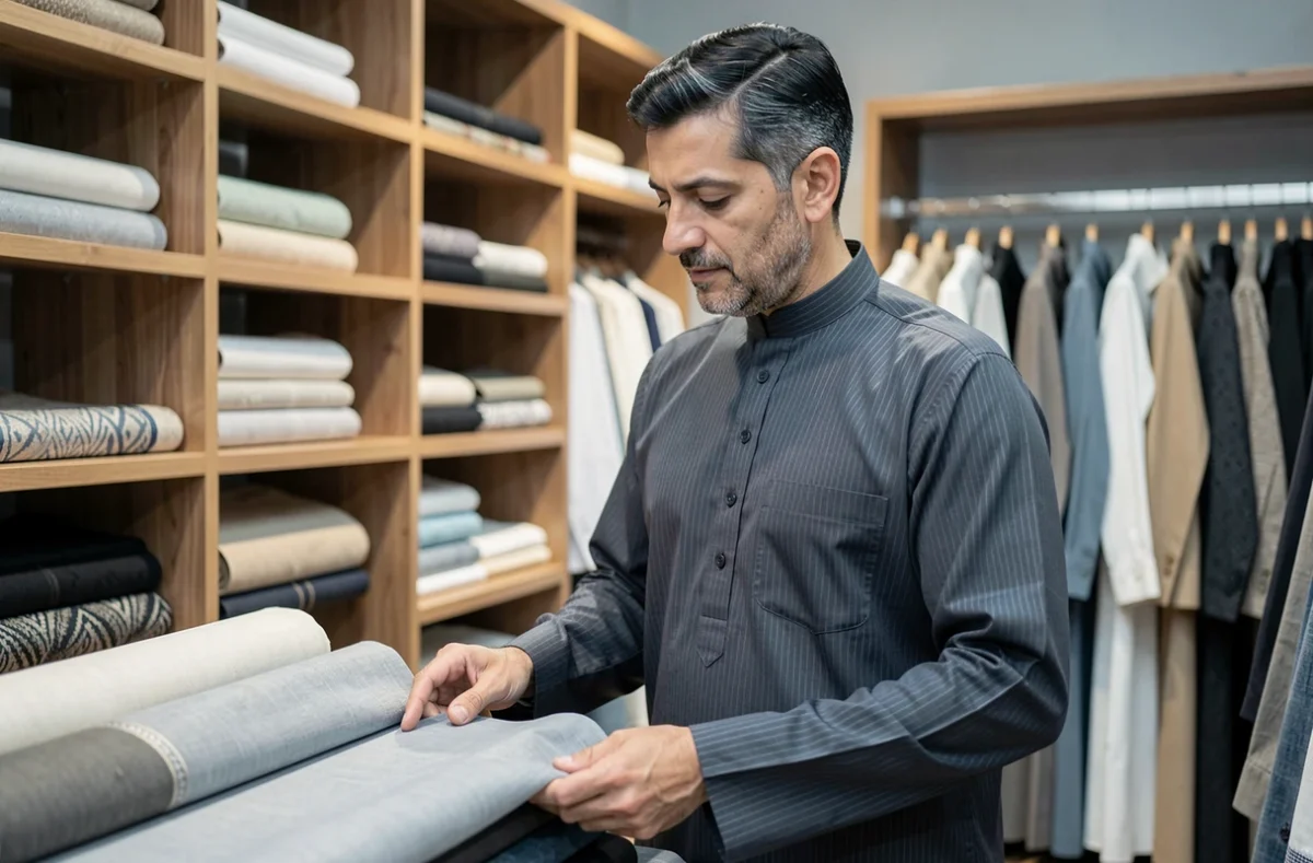 Homme en qamis gris anthracite contemporain dans une boutique de textiles pour le Ramadan 2026