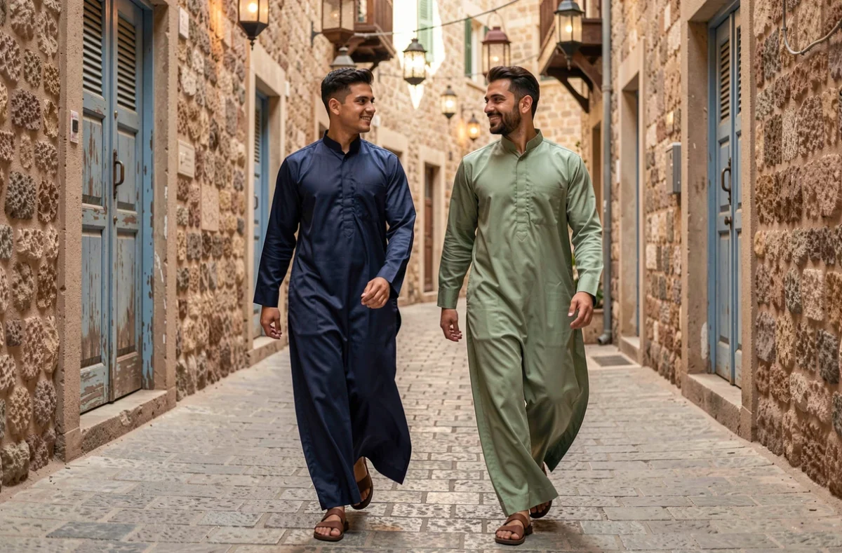 Deux hommes en qamis bleu marine et vert sauge marchant dans une ruelle de médina pendant le Ramadan 2026