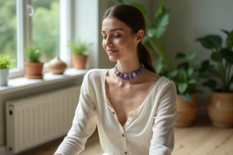Femme portant un ras du cou en pierres naturelles améthyste, assise dans un intérieur zen entouré de plantes vertes