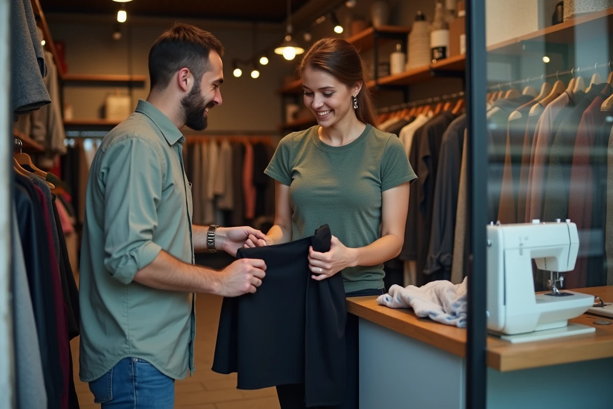 Jeune homme remet une jupe à une couturière dans un atelier