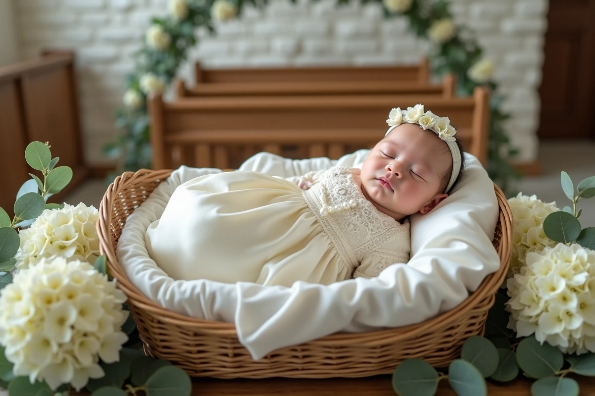 Robe de baptême en satin ivoire avec dentelle et perles pour bébé fille, présentée dans un panier en osier entouré d'hortensias blancs dans un décor de cérémonie élégant