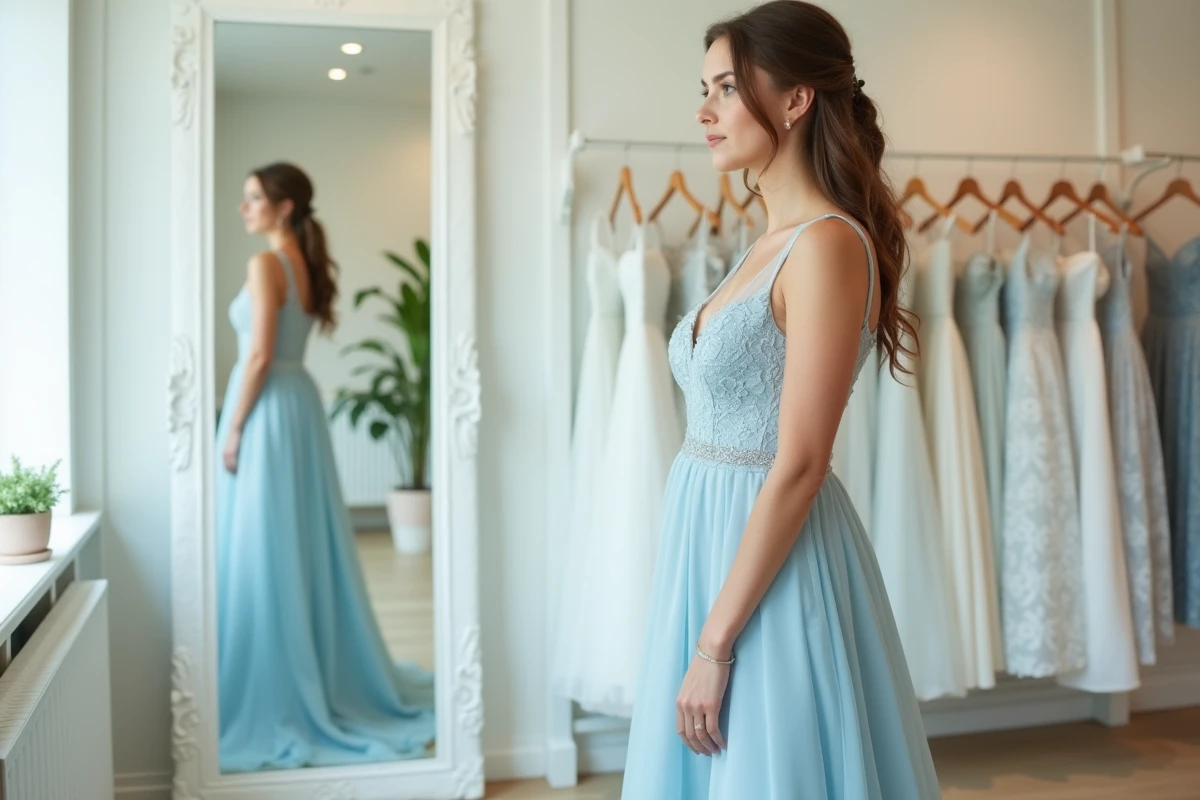Demoiselle d'honneur en robe bleu pastel avec dentelle essayant une tenue dans une boutique de mariage