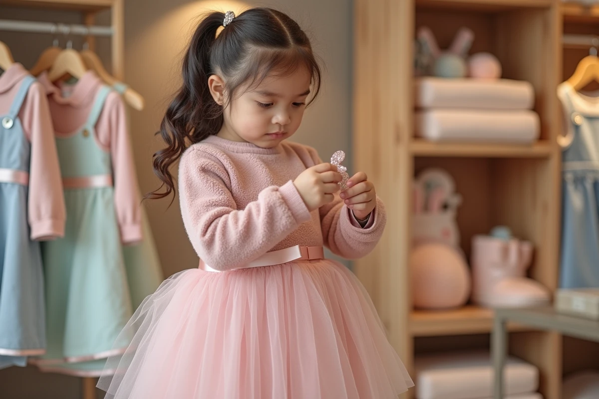 Fillette en robe princesse rose poudré en tulle superposé sur un haut polaire chaud, dans une boutique de vêtements pour enfants avec décorations pastel en arrière-plan