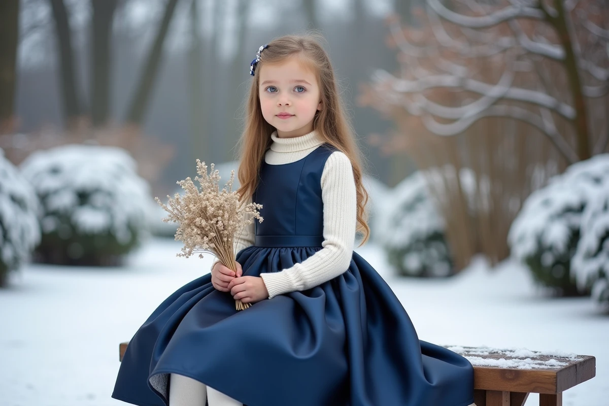 Jeune fille en robe princesse satin bleu marine avec col roulé en laine ivoire et collants tricot blanc, assise sur un banc en bois enneigé dans un jardin d'hiver