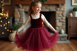 Fillette portant une robe princesse en velours bordeaux avec jupons en tulle et sous-couche thermique, tournant dans un salon hivernal décoré avec cheminée en pierre