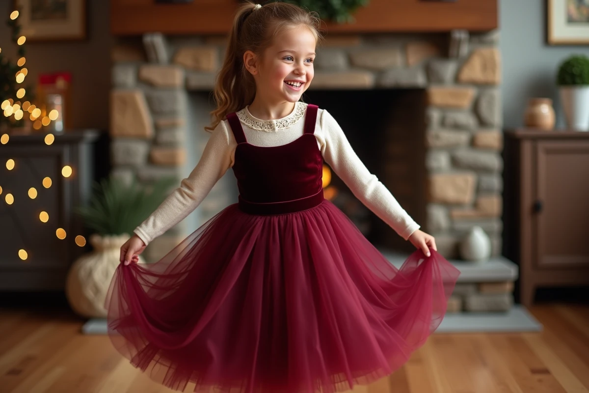 Fillette portant une robe princesse en velours bordeaux avec jupons en tulle et sous-couche thermique, tournant dans un salon hivernal décoré avec cheminée en pierre
