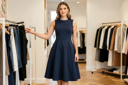 Femme à morphologie en V portant une robe trapèze marine dans une boutique parisienne pour rééquilibrer la silhouette