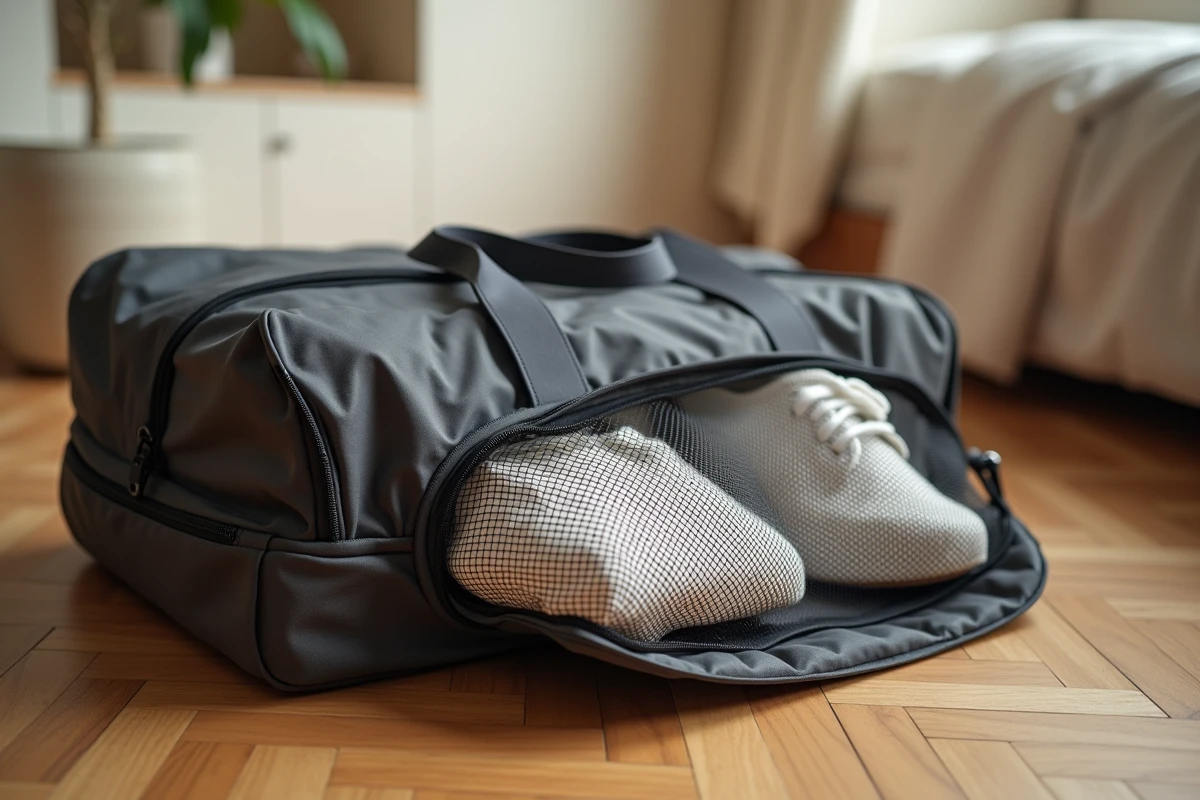 Sac à chaussures de voyage en mesh respirant posé à côté d'un bagage ouvert sur un parquet en bois
