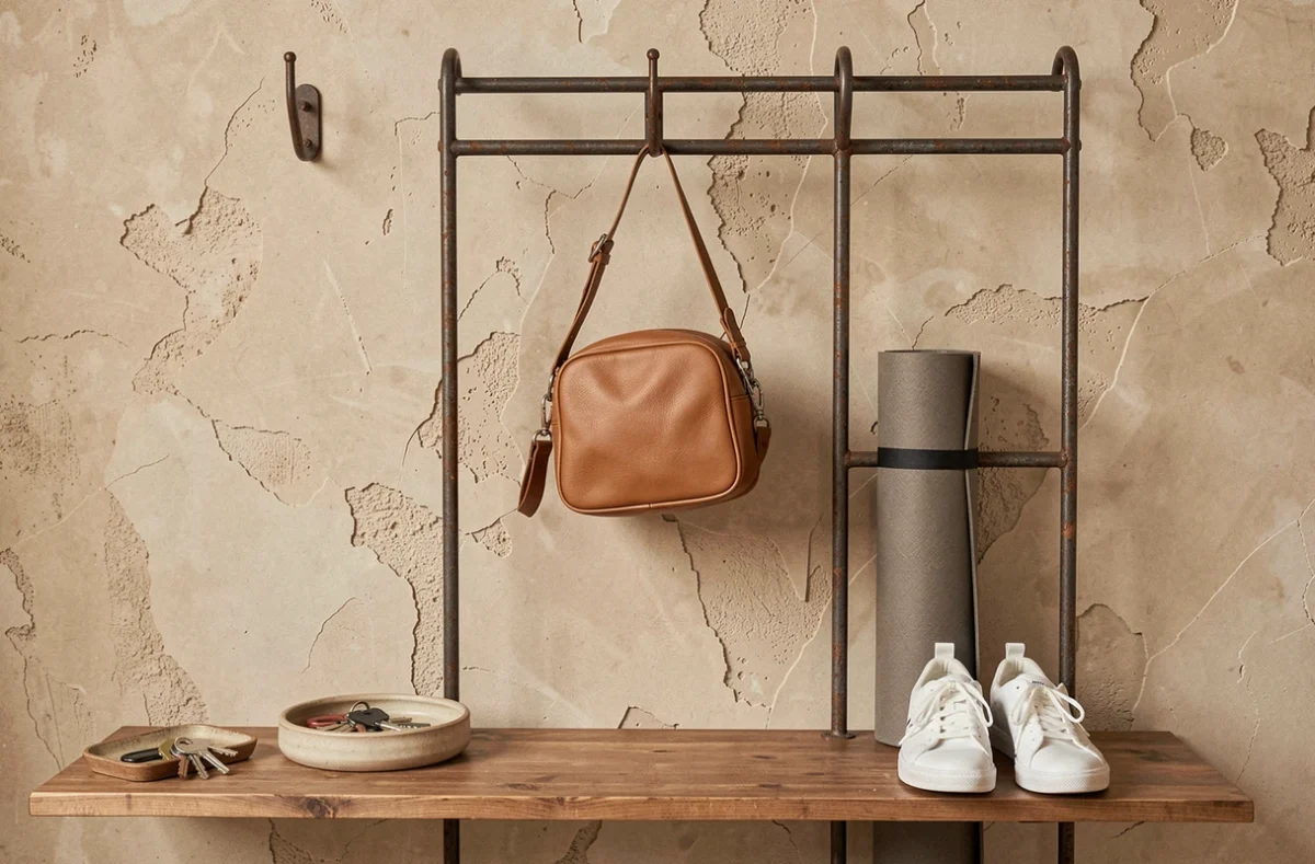 Sac sport cuir compact tan suspendu à un porte-manteau en fer forgé dans une entrée d'appartement urbain stylé